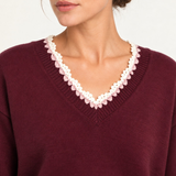 Maëlle Lace-Trim V-Neck Sweater in Burgundy — close-up