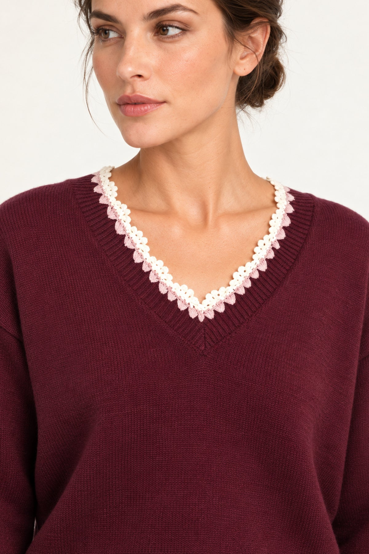 Maëlle Lace-Trim V-Neck Sweater in Burgundy — close-up