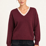 Maëlle Lace-Trim V-Neck Sweater in Burgundy — front