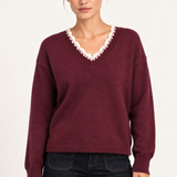 Maëlle Lace-Trim V-Neck Sweater in Burgundy — front