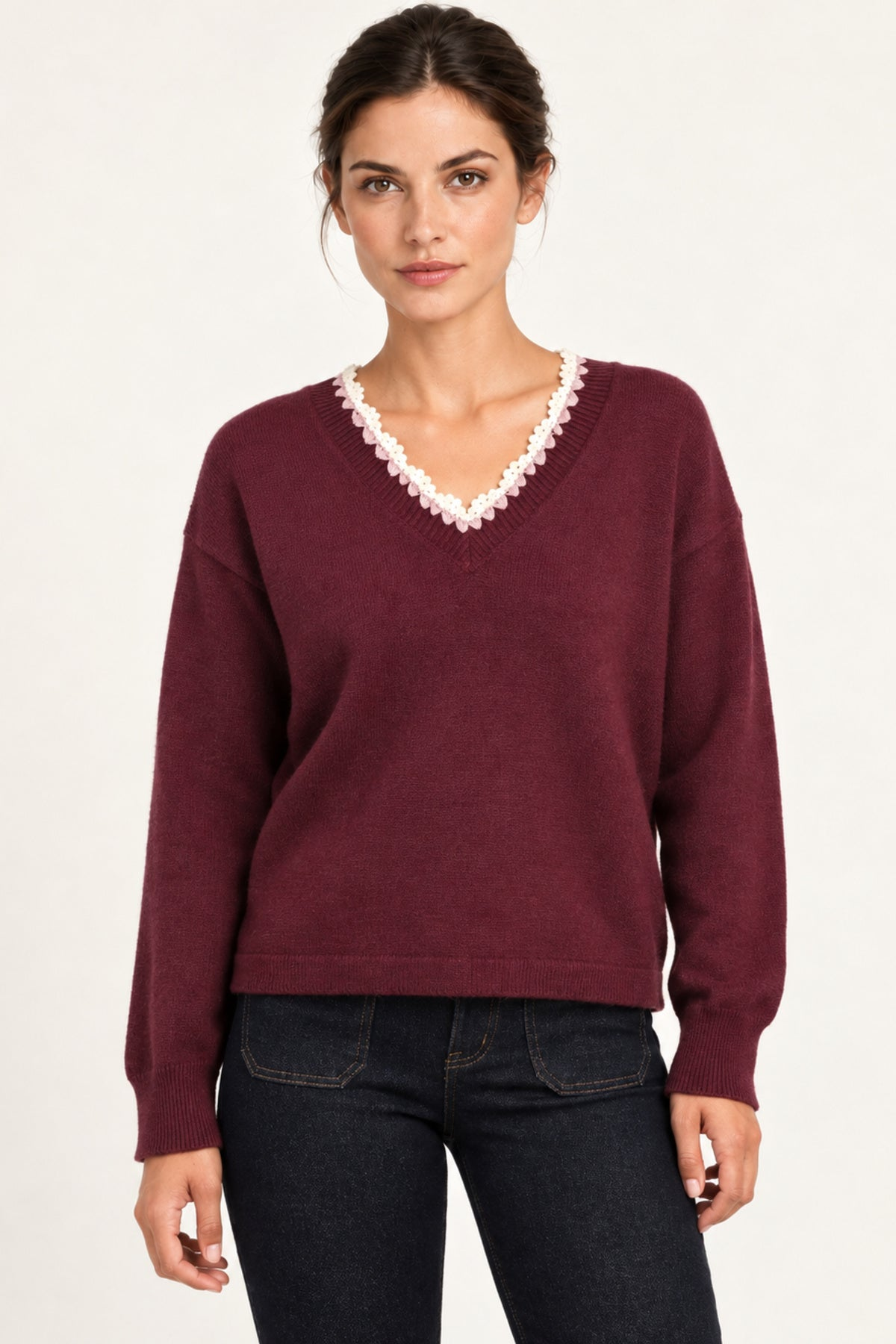 Maëlle Lace-Trim V-Neck Sweater in Burgundy — front