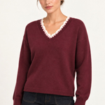 Maëlle Lace-Trim V-Neck Sweater in Burgundy — half-shot