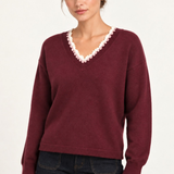 Maëlle Lace-Trim V-Neck Sweater in Burgundy — half-shot