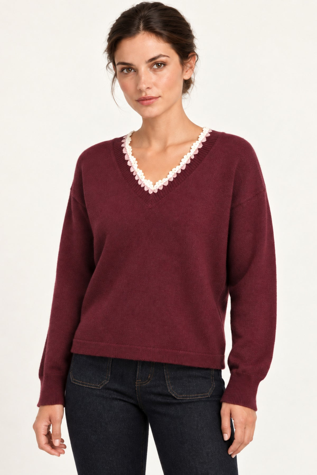 Maëlle Lace-Trim V-Neck Sweater in Burgundy — half-shot