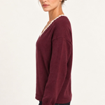Maëlle Lace-Trim V-Neck Sweater in Burgundy — side