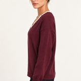 Maëlle Lace-Trim V-Neck Sweater in Burgundy — side