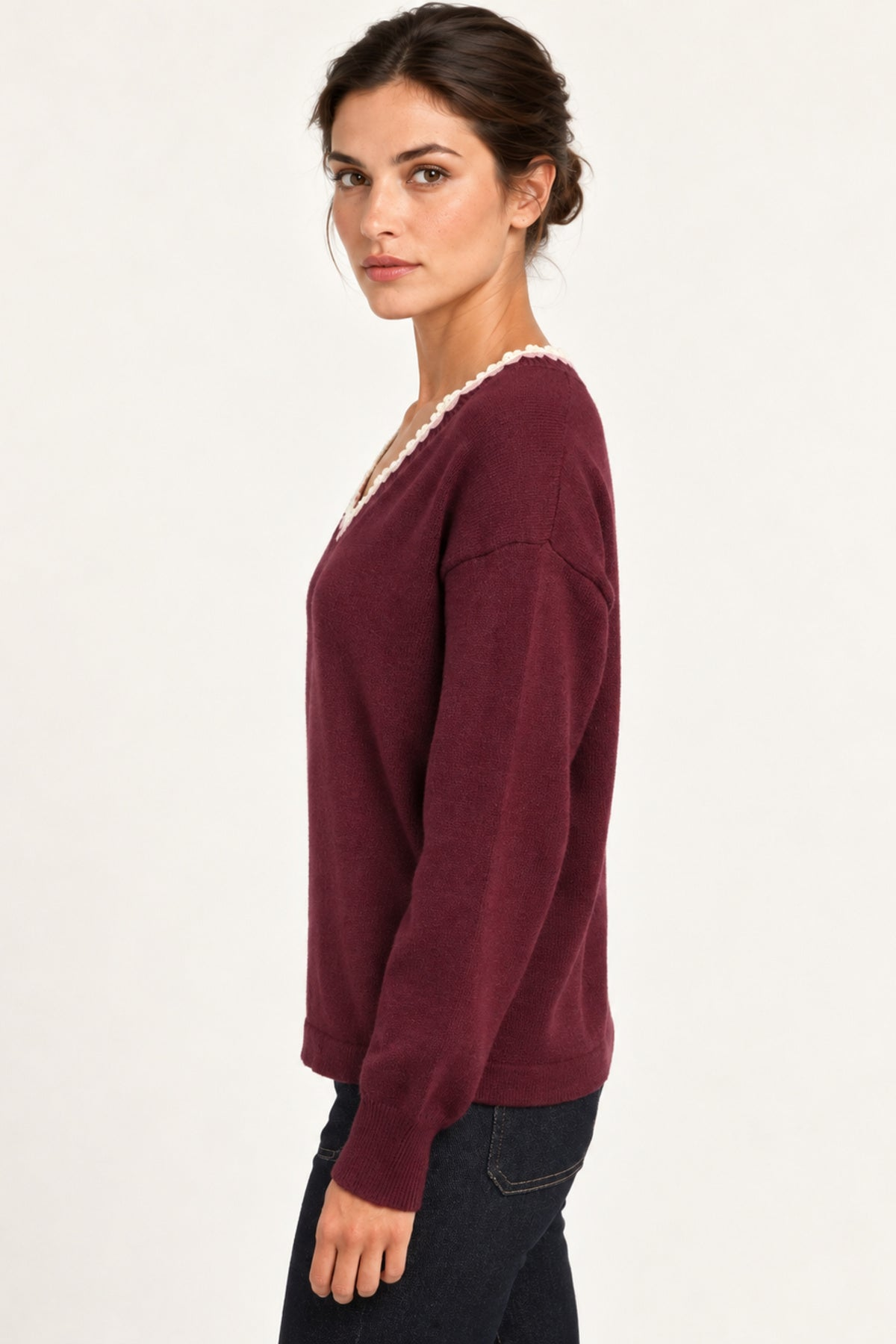 Maëlle Lace-Trim V-Neck Sweater in Burgundy — side
