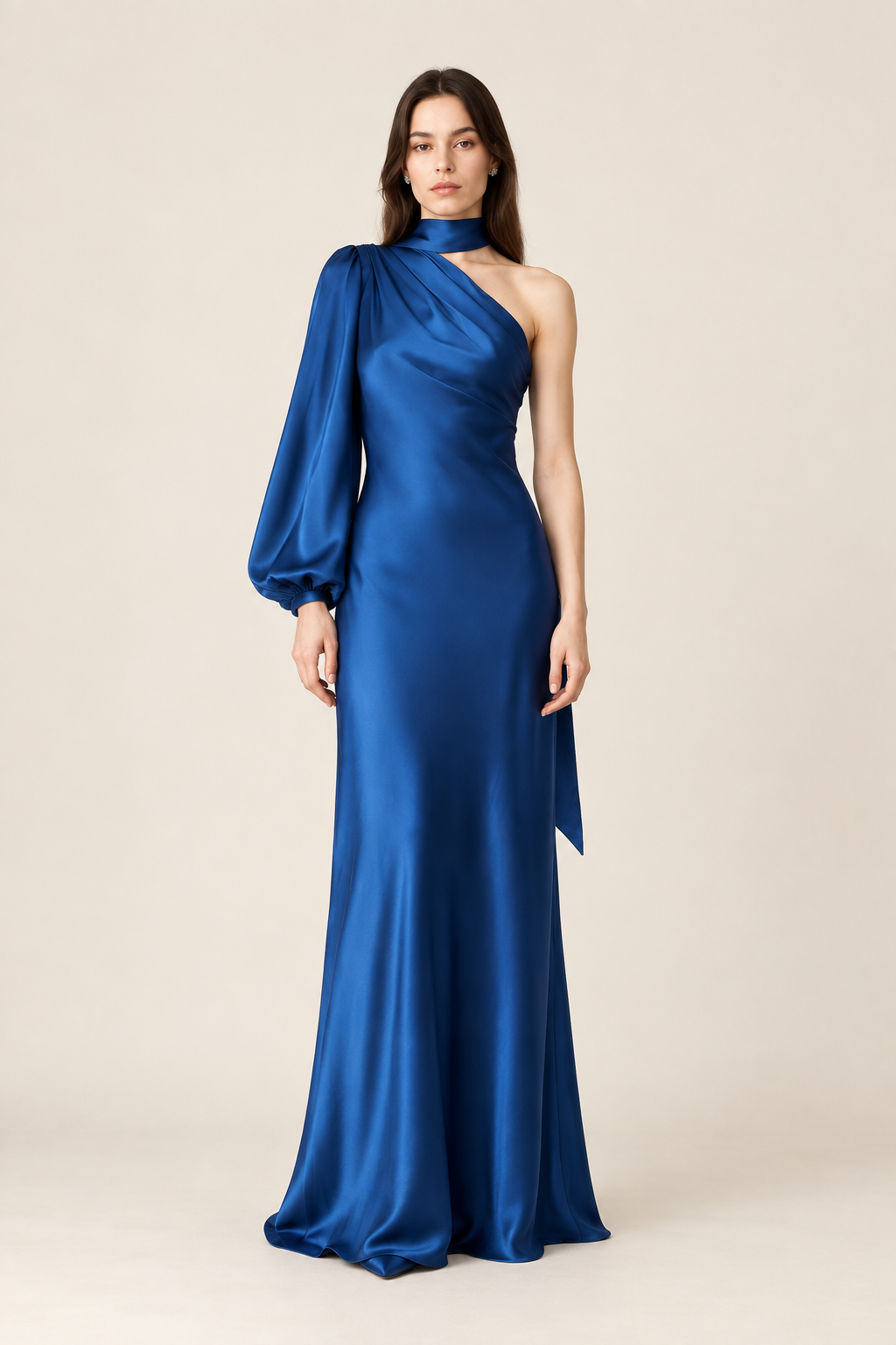 Maëlle Sapphire Satin Scarf Maxi Dress front view