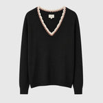 Maëlle Lace-Trim V-Neck Sweater — Black