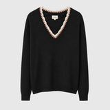 Maëlle Lace-Trim V-Neck Sweater — Black