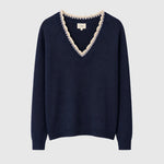 Maëlle Lace-Trim V-Neck Sweater — Navy