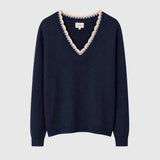 Maëlle Lace-Trim V-Neck Sweater — Navy
