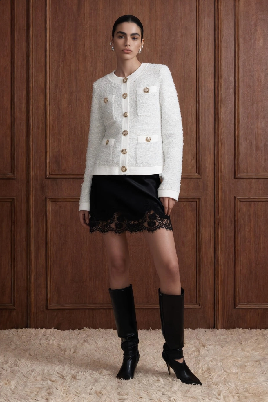 Maison Héritage bouclé cardigan jacket with gold-tone buttons, White front view