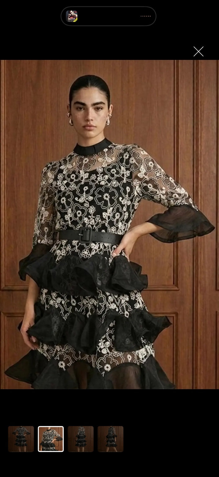 Noir Romance guipure lace midi dress floral lace and ruffle detail
