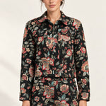 Héloïse Jacquard Jacket in Black Floral, front view on an ivory backdrop