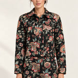 Héloïse Jacquard Jacket in Black Floral, front view on an ivory backdrop