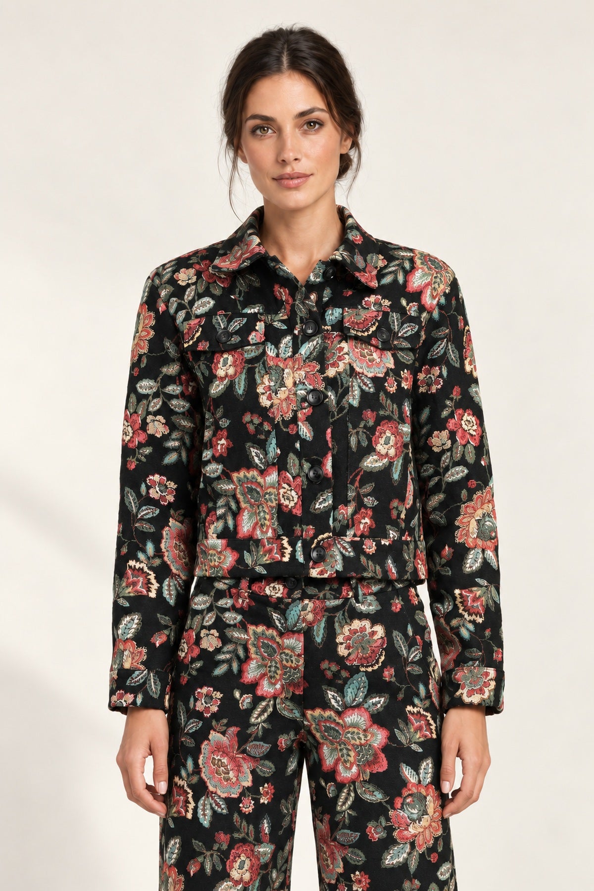 Héloïse Jacquard Jacket in Black Floral, front view on an ivory backdrop