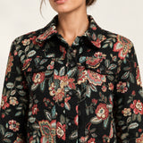 Héloïse Jacquard Jacket in Black Floral, close-up of the collar, chest pockets and woven fabric