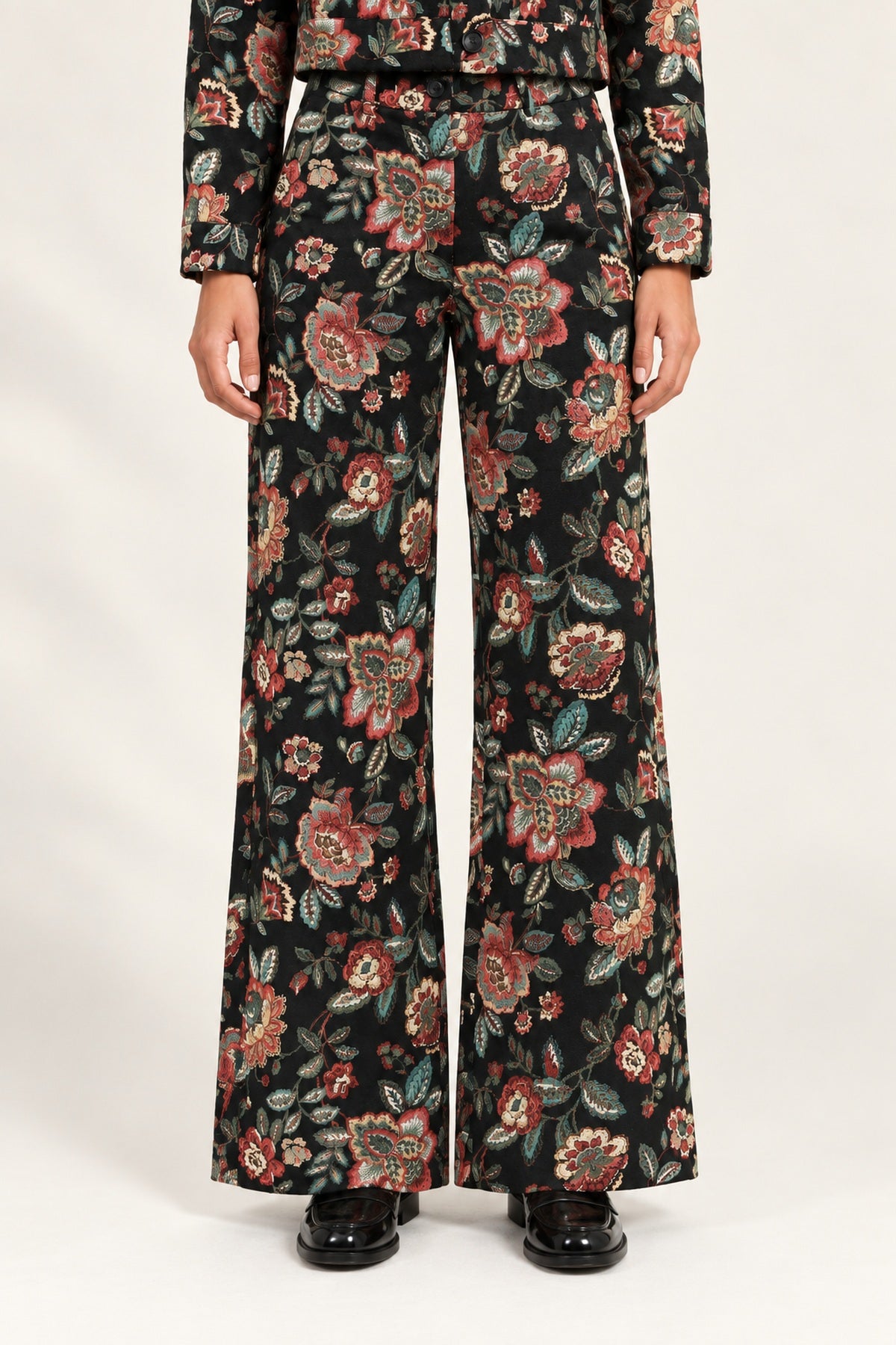 Héloïse Jacquard Wide-Leg Pants in Black Floral, front view on an ivory background