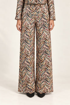 Héloïse Jacquard Wide-Leg Pants in Multico Chevron, front view showing the waistband and flared leg