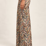 Side view of Héloïse Jacquard Wide-Leg Pants in Multico Chevron, showing the full-length flared silhouette