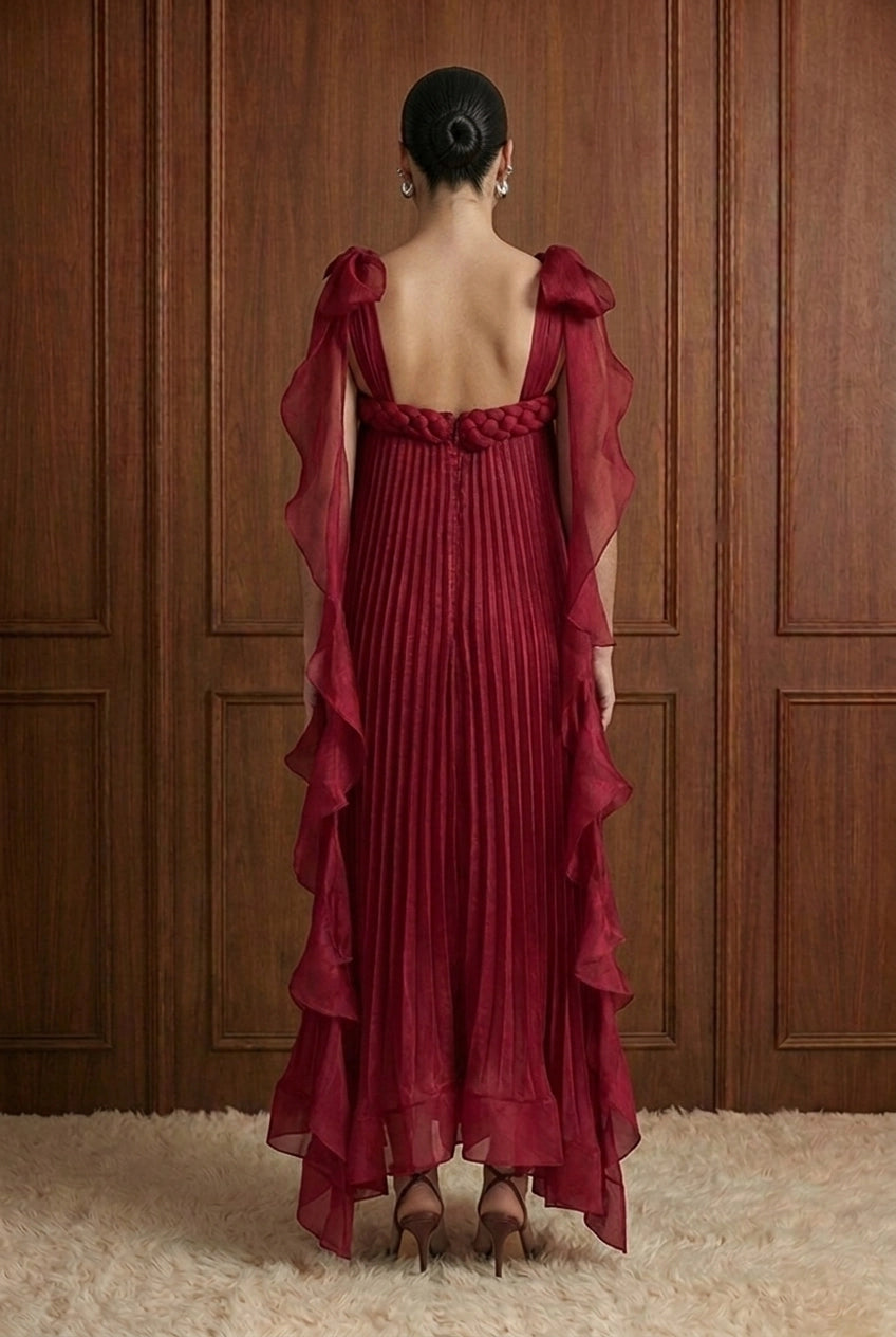 Merlot Rêverie Bow-Shoulder Pleated Maxi Dress in Wine — back view