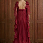 Merlot Rêverie Bow-Shoulder Pleated Maxi Dress in Wine — back view