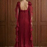 Merlot Rêverie Bow-Shoulder Pleated Maxi Dress in Wine — back view