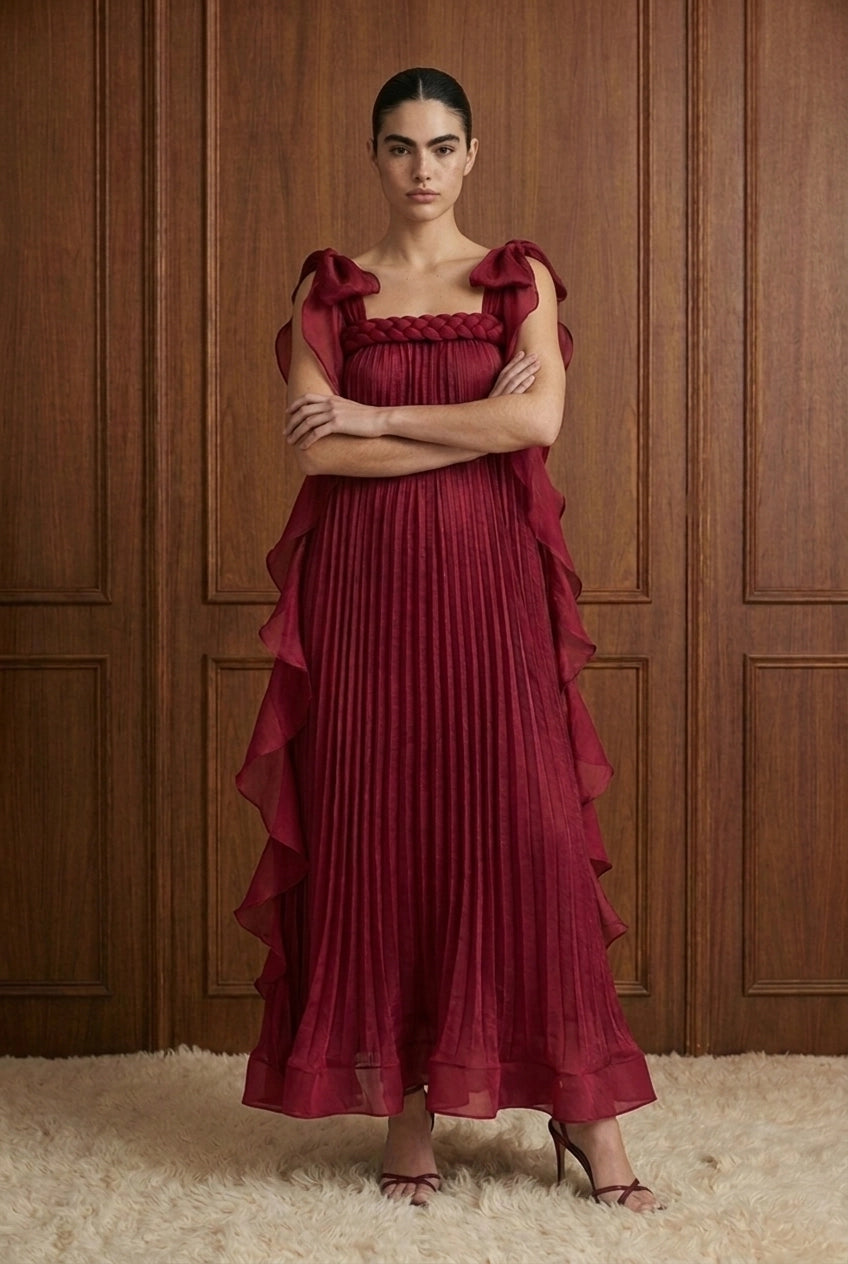 Merlot Rêverie Bow-Shoulder Pleated Maxi Dress in Wine — front view
