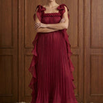 Merlot Rêverie Bow-Shoulder Pleated Maxi Dress in Wine — front view