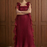 Merlot Rêverie Bow-Shoulder Pleated Maxi Dress in Wine — front view