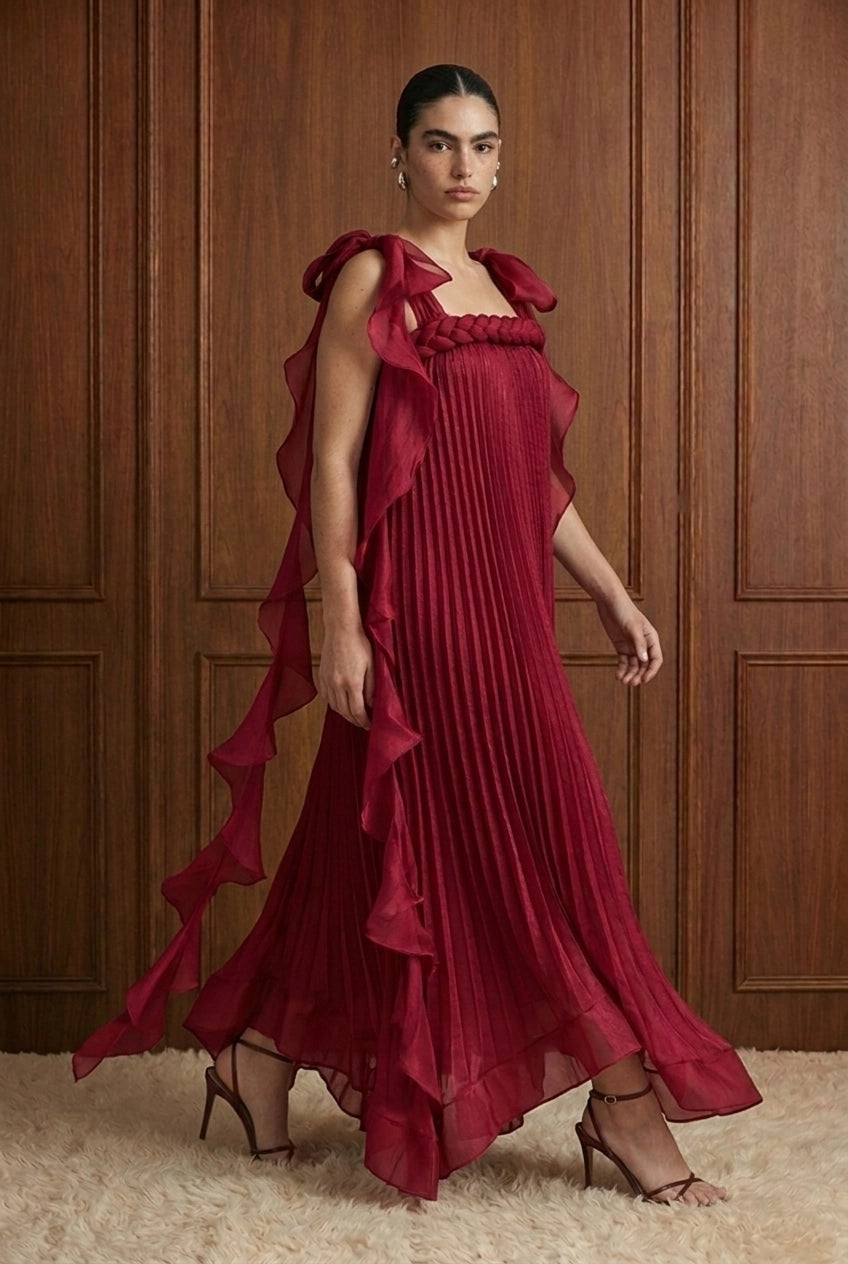 Merlot Rêverie Bow-Shoulder Pleated Maxi Dress in Wine — movement view
