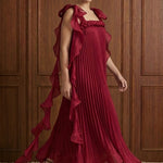 Merlot Rêverie Bow-Shoulder Pleated Maxi Dress in Wine — movement view