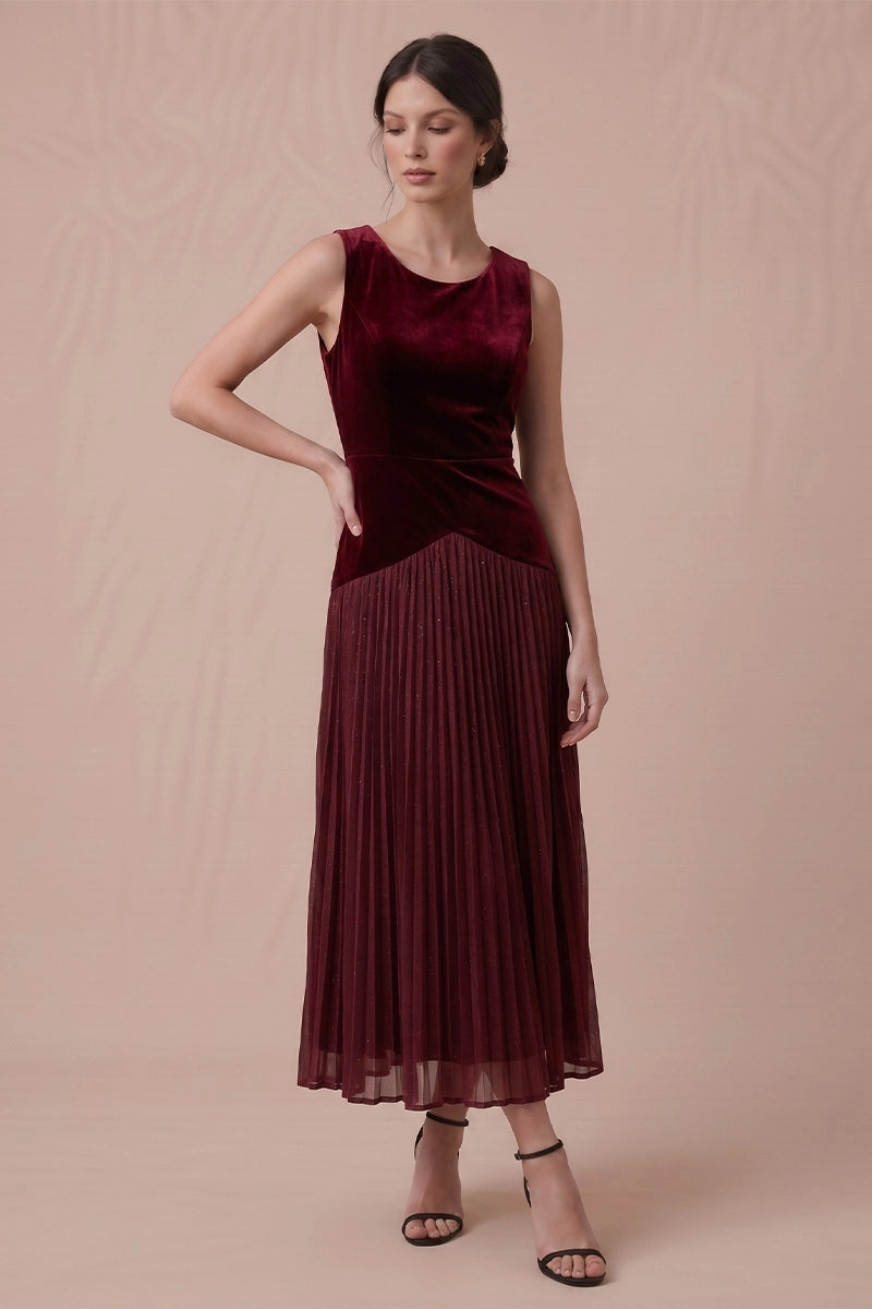 Merlot Starlight burgundy velvet midi dress with pleated glitter mesh skirt, front view