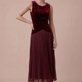 Merlot Starlight burgundy velvet midi dress with pleated glitter mesh skirt, front view