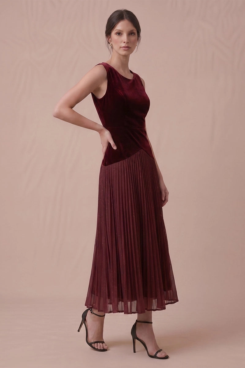 Burgundy velvet and pleated mesh midi dress, angled view
