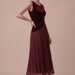 Burgundy velvet and pleated mesh midi dress, angled view