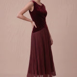 Burgundy velvet and pleated mesh midi dress, angled view