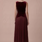 Merlot Starlight velvet midi dress, back zipper and pleated skirt view
