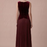 Merlot Starlight velvet midi dress, back zipper and pleated skirt view
