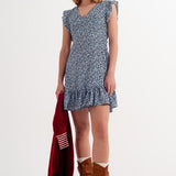 Mini dress with ruffle sleeve in ditsy floral in blue