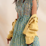 Mini dress with ruffle trims in vintage floral in green
