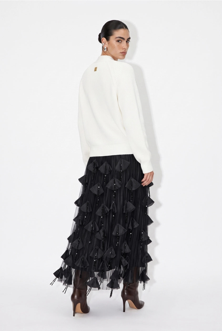 Minuit Petal Sequin Maxi Skirt in Black — back view
