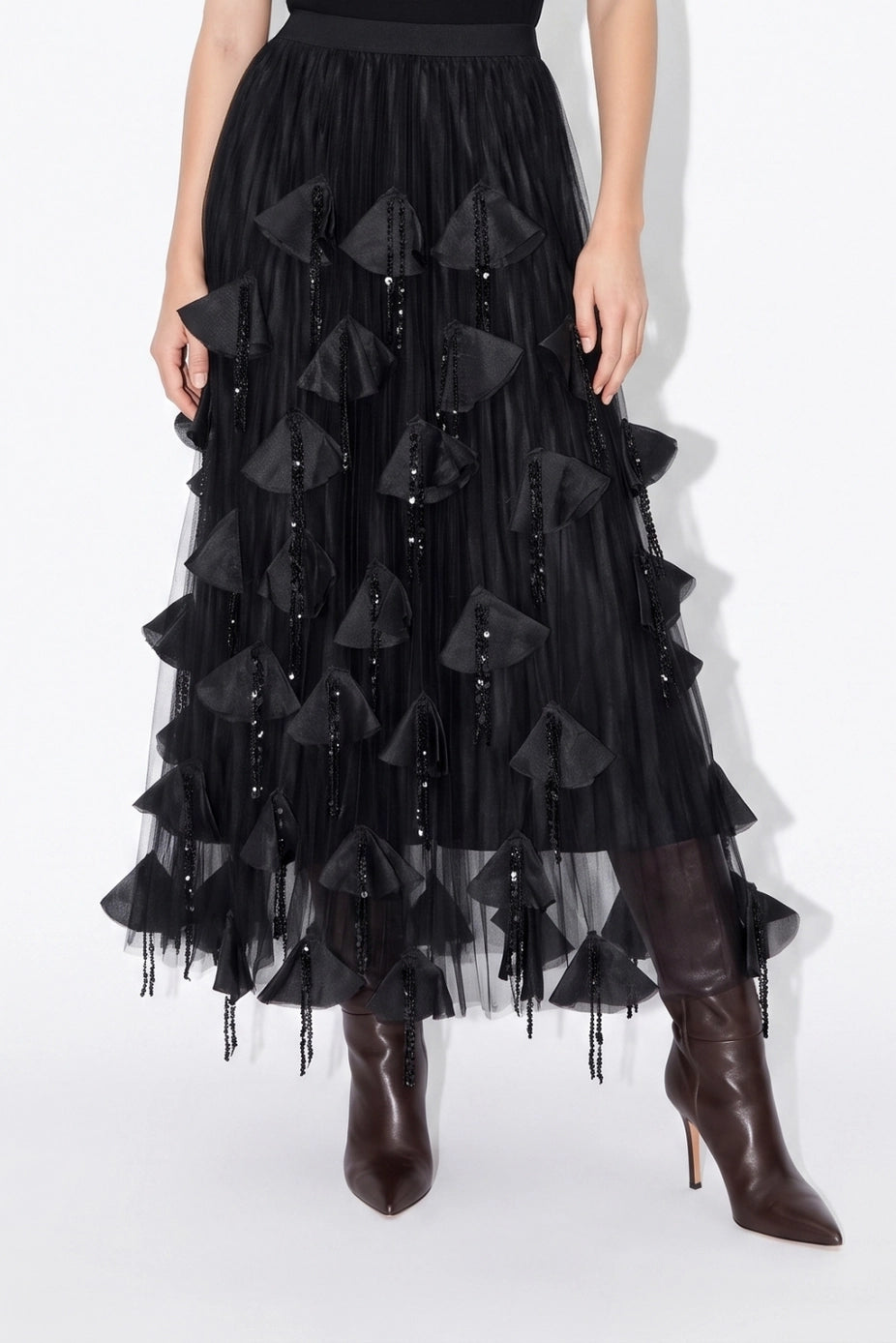 Minuit Petal Sequin Maxi Skirt in Black — detail view