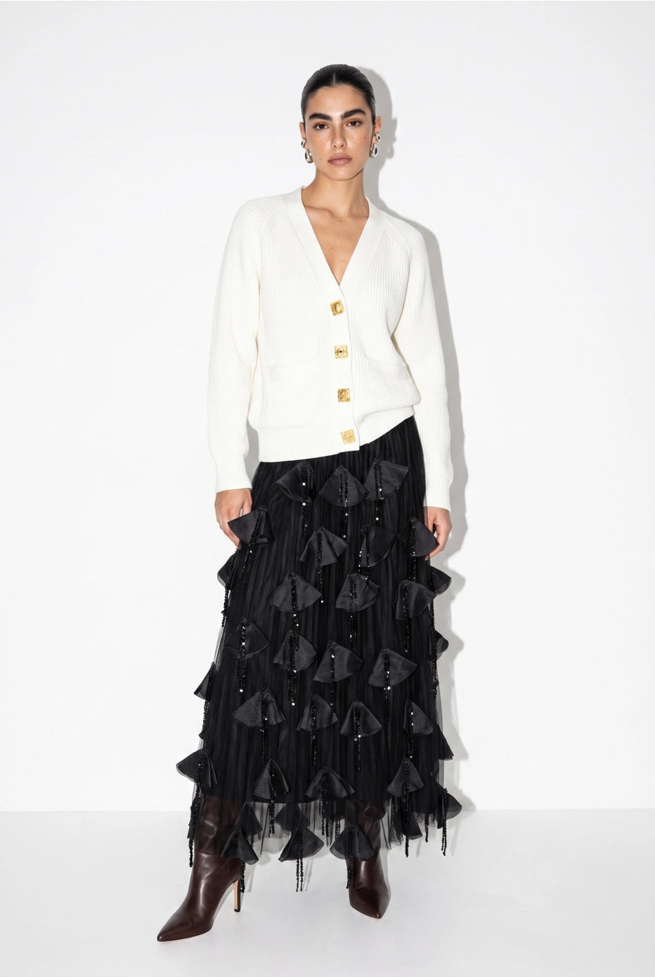 Minuit Petal Sequin Maxi Skirt in Black — front view