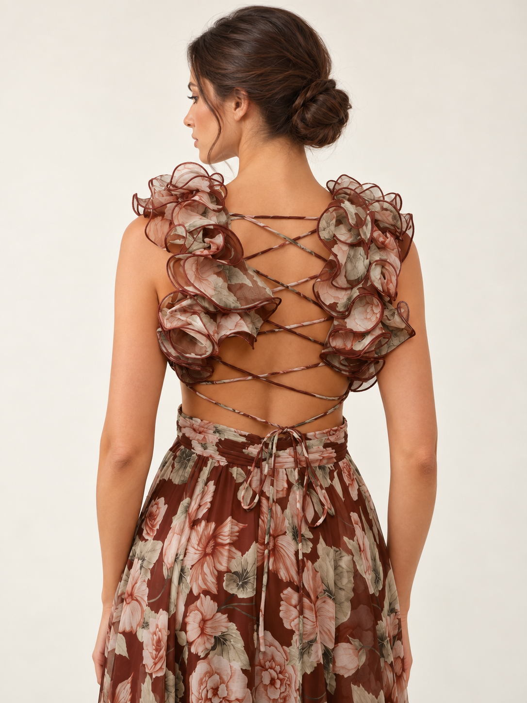 Mocha Fleur Ruffle Maxi Dress — lace-up back detail