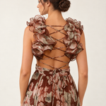 Mocha Fleur Ruffle Maxi Dress — lace-up back detail