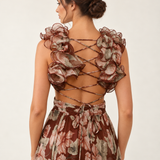 Mocha Fleur Ruffle Maxi Dress — lace-up back detail