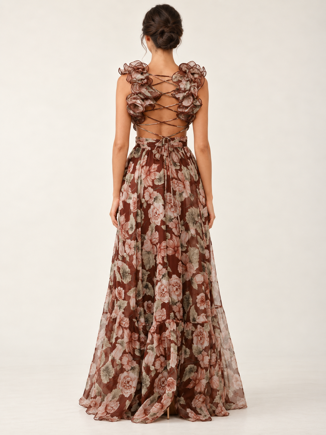 Mocha Fleur Ruffle Maxi Dress — back