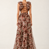 Mocha Fleur Ruffle Maxi Dress — back